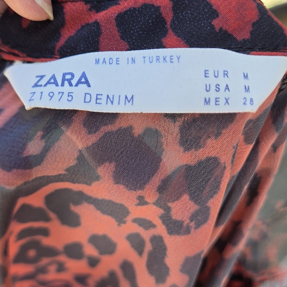 Zara 1975 Jeans Collection Red&Black Leopard Print Sheer Long Sleeve Blouse SzM - Picture 10 of 10